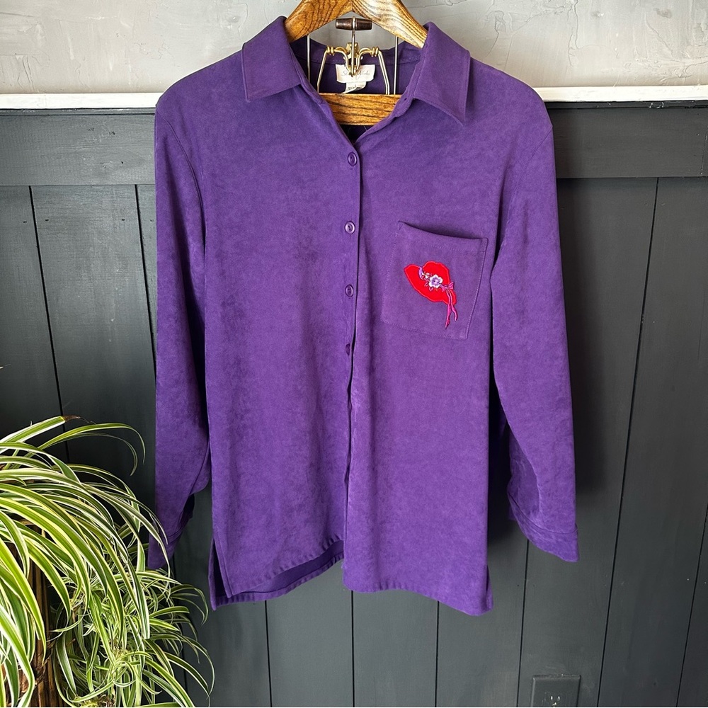 Red Hat Society‎ Purple Red Button Down Faux Suede Embroidered Shirt Size Large